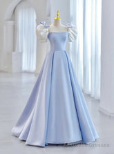 Blue Satin Puf Sleeve Bow Prom Dress
